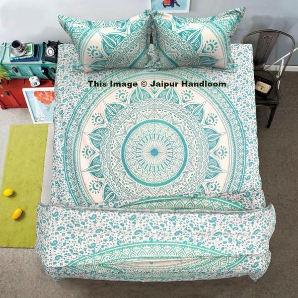Green Mandala Comforter Cover Set with King Size Cotton Bed Cover and Pillows-Jaipur Handloom