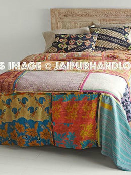King Size Vintage Patchwork Kantha Quilt Bed Cover Indian Reversible Kantha Bedding Blanket