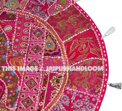 L 32" Round Pink Floor Pillow Cushion pouffe gypsy Bohemian Patchwork floor cushion pouf Vintage Indian Foot Stool Bean Bag-Jaipur Handloom
