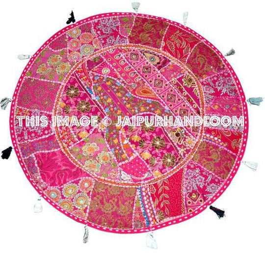 L 32" Round Pink Floor Pillow Cushion pouffe gypsy Bohemian Patchwork floor cushion pouf Vintage Indian Foot Stool Bean Bag-Jaipur Handloom