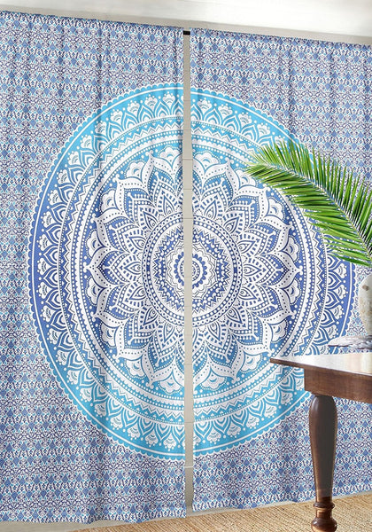 Large Blue Ombre Mandala window Curtain Indian Drape handmade Curtain Panel-Jaipur Handloom