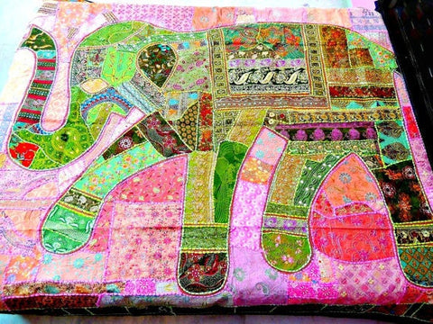 Large Elephant Embroidered Bedspread Bedding Indian Patchwork Tapestry-Jaipur Handloom