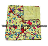 Lemon Green kantha quilt in Bird print, Queen kantha blanket, kantha throw, sari kantha quilt, kantha bedspread, kantha throw, antique quilt