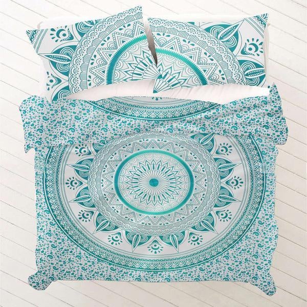 Louise Green Medallion Duvet Covers Boho Duvet Cover Set with Pillows-Jaipur Handloom
