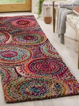 Mandala Pattern Braided Chindi Rug, Hand Woven Indoor Outdoor Area Rug
