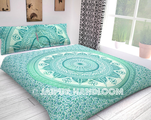 Cheap mandala bedding set with pillow cases in green color - Ellen-Jaipur Handloom
