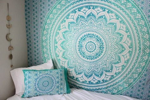 Mandala wall tapestry sea green ombre tapestry boho wall tapestry-Jaipur Handloom