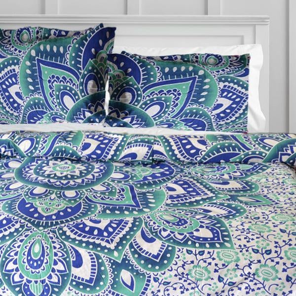 Monika For Deny Green & Blue Medallion Duvet Covers Boho Duvet Cover Set with Pillows-Jaipur Handloom