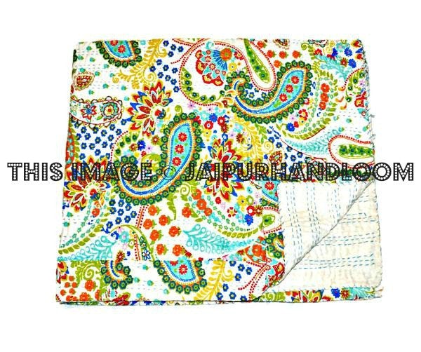 Multi Coloured Paisley Queen Kantha Quilt-Jaipur Handloom