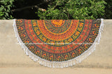 Multi Orange Green Elephant Bohemian Mandala Roundie Beach Throw-Jaipur Handloom