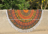 Multi Orange Green Elephant Bohemian Mandala Roundie Beach Throw-Jaipur Handloom