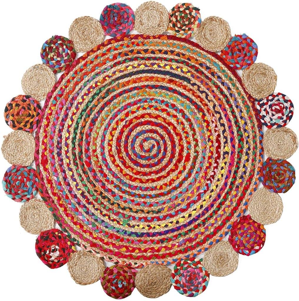 Jaipur Handloom- Multicolor Jute Round Rug Boho Rond Door Mat Bohemian Circle Rug living room