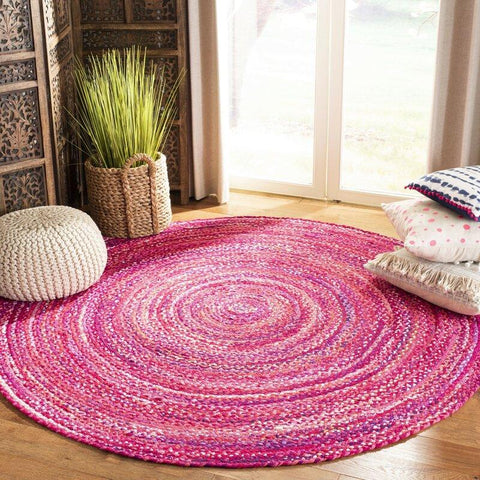 Natural Dye Braided Pink Chindi Round Rugs for Living Room Area 8 ft X 8 ft | Jaipur Handloom