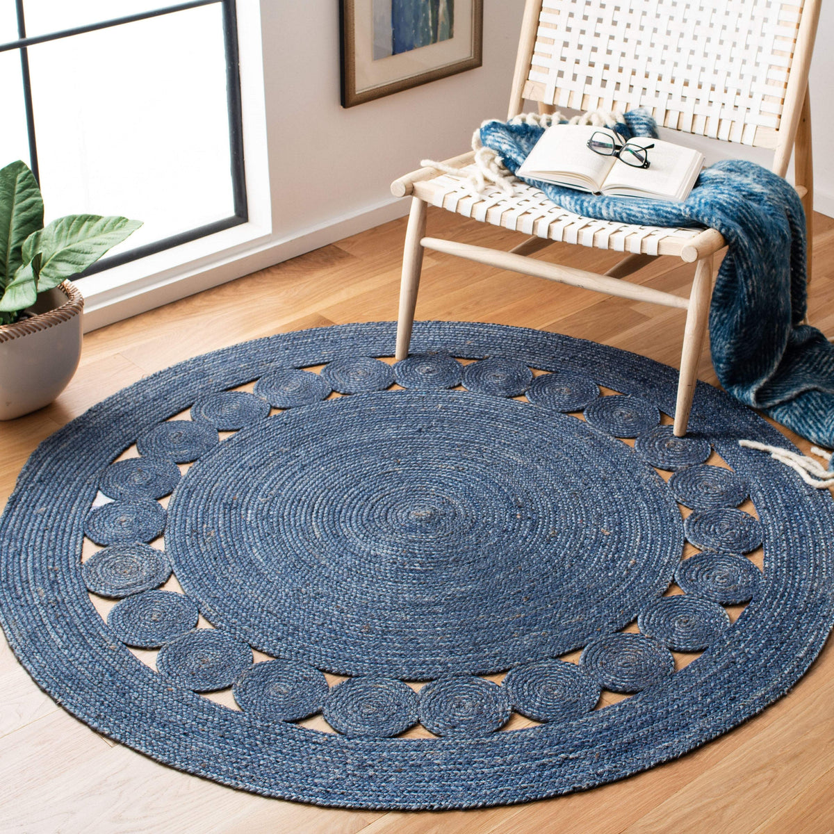 Navy Blue Hand-Braided Jute Indoor Outdoor Round Rugs