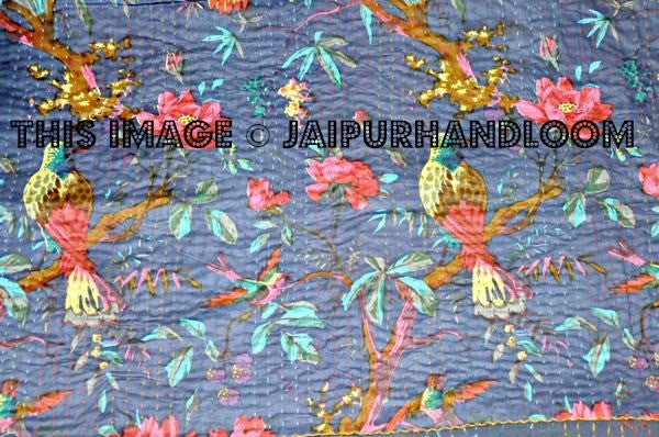ON SALE Blue indian sari kantha quilt, floral kantha quilt bedding, birds kantha quilted bedspread, kantha quilt bedcover, floral blanket-Jaipur Handloom