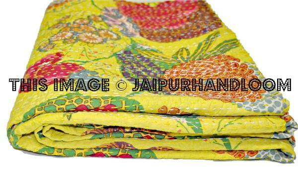 ON SALE Floral Kantha Quilt yellow Kantha Quilt Floral Kantha Blanket, Kantha Bedspread Throw, Kantha Bedding, queen Blanket,Sari Quilt