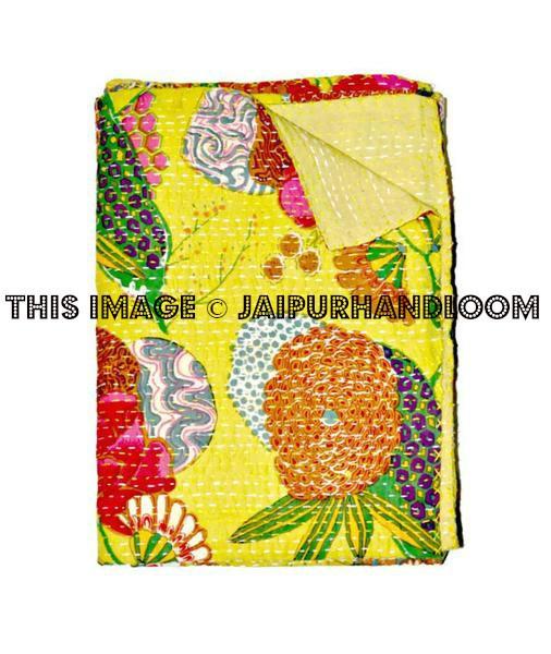 ON SALE Floral Kantha Quilt yellow Kantha Quilt Floral Kantha Blanket, Kantha Bedspread Throw, Kantha Bedding, queen Blanket,Sari Quilt