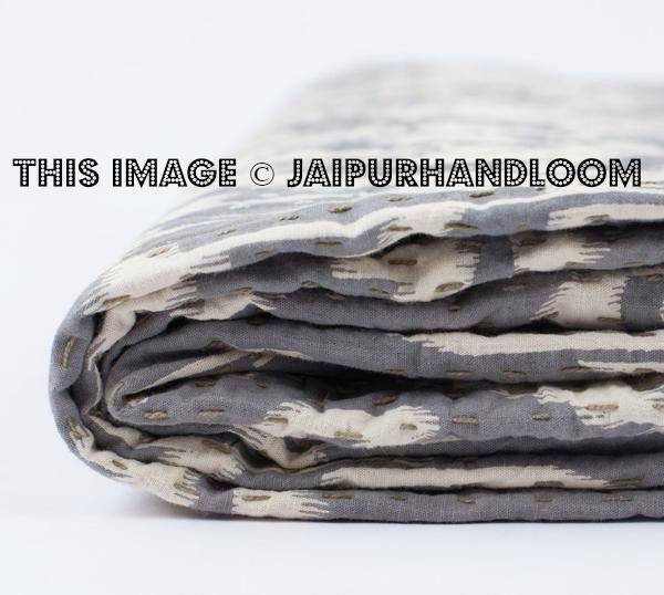 ON SALE Ikat Kantha Quilt In Gray, Kantha Quilt, Ikat Quilt, Ikat Blanket Throw, Kantha Blanket Throw, Ikat Kantha Bed Cover, Gray Blanket-Jaipur Handloom