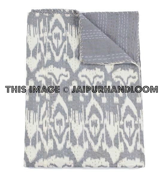 ON SALE Ikat Kantha Quilt In Gray, Kantha Quilt, Ikat Quilt, Ikat Blanket Throw, Kantha Blanket Throw, Ikat Kantha Bed Cover, Gray Blanket-Jaipur Handloom