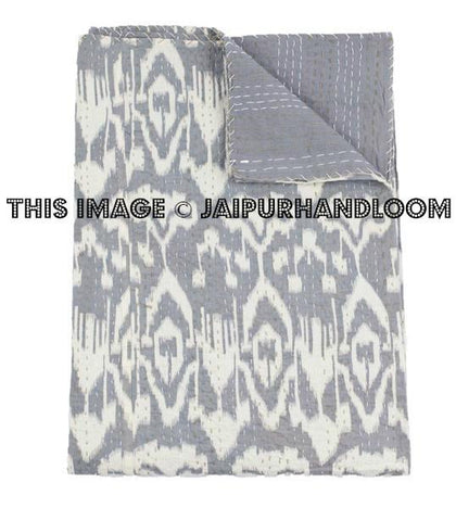 ON SALE Ikat Kantha Quilt In Gray, Kantha Quilt, Ikat Quilt, Ikat Blanket Throw, Kantha Blanket Throw, Ikat Kantha Bed Cover, Gray Blanket-Jaipur Handloom