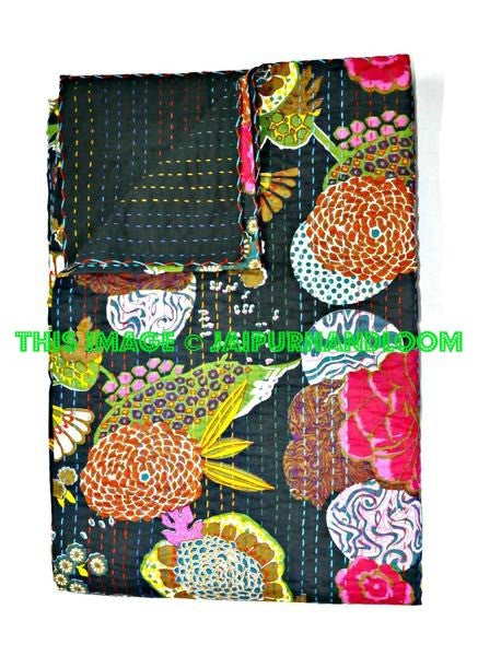 ON SALE Indian Cotton Sari Kantha Quilt in Black, Antique Saree Black Kantha Blanket handmade reversible Kantha Bedspread Bedding Blanket-Jaipur Handloom