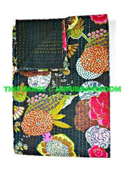 ON SALE Indian Cotton Sari Kantha Quilt in Black, Antique Saree Black Kantha Blanket handmade reversible Kantha Bedspread Bedding Blanket-Jaipur Handloom