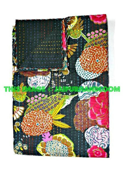 ON SALE Indian Cotton Sari Kantha Quilt in Black, Antique Saree Black Kantha Blanket handmade reversible Kantha Bedspread Bedding Blanket-Jaipur Handloom
