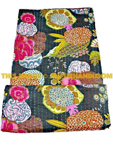 ON SALE Indian Cotton Sari Kantha Quilt in Black, Antique Saree Black Kantha Blanket handmade reversible Kantha Bedspread Bedding Blanket-Jaipur Handloom