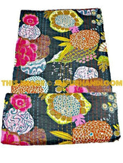 ON SALE Indian Cotton Sari Kantha Quilt in Black, Antique Saree Black Kantha Blanket handmade reversible Kantha Bedspread Bedding Blanket-Jaipur Handloom