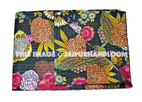 ON SALE Indian Cotton Sari Kantha Quilt in Black, Antique Saree Black Kantha Blanket handmade reversible Kantha Bedspread Bedding Blanket-Jaipur Handloom