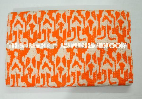 ON SALE Indian Sari Ikat kantha Quilt in Orange, Cotton twin Ikat quilt blanket throw quilted bedspread bed cover, handmade ikat quilt-Jaipur Handloom