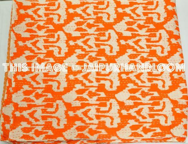ON SALE Indian Sari Ikat kantha Quilt in Orange, Cotton twin Ikat quilt blanket throw quilted bedspread bed cover, handmade ikat quilt-Jaipur Handloom