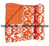 ON SALE Indian Sari Ikat kantha Quilt in Orange, Cotton twin Ikat quilt blanket throw quilted bedspread bed cover, handmade ikat quilt-Jaipur Handloom
