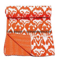 ON SALE Indian Sari Ikat kantha Quilt in Orange, Cotton twin Ikat quilt blanket throw quilted bedspread bed cover, handmade ikat quilt-Jaipur Handloom