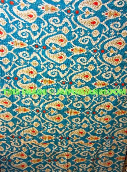 ON SALE Indian cotton sari Ikat quilt throw blanket in queen Turquoise ikat kantha quilt bedding, Ikat blanket, reversible Quilt bed cover-Jaipur Handloom