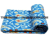 ON SALE Indian cotton sari Ikat quilt throw blanket in queen Turquoise ikat kantha quilt bedding, Ikat blanket, reversible Quilt bed cover-Jaipur Handloom