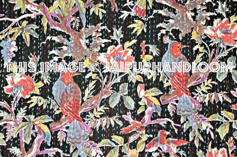 ON SALE Queen indian Cotton sari kantha Quilt in bird print, floral kantha Quilt throw Bedspreads, Throws, Ralli, Gudari Handmade Bedding-Jaipur Handloom