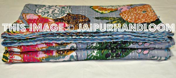 ON SALE cotton indian sari Kantha Quilt In sea blue, Christmas Gift - Floral Kantha Blanket, Kantha Bedspread Kantha Throw Bedding Blanket