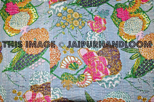 ON SALE cotton indian sari Kantha Quilt In sea blue, Christmas Gift - Floral Kantha Blanket, Kantha Bedspread Kantha Throw Bedding Blanket