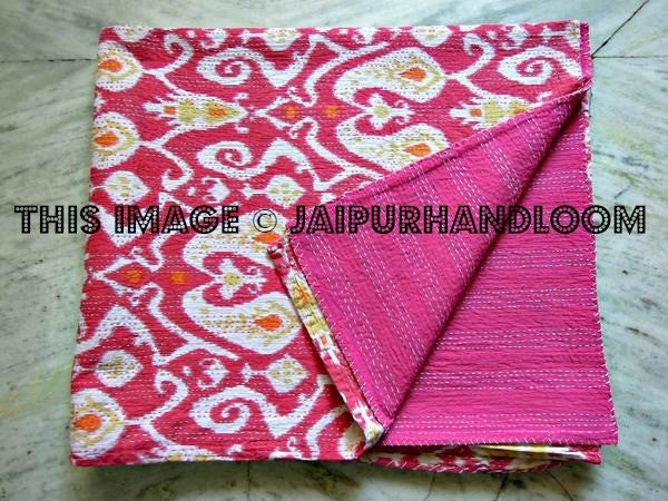 ON SALE queen Ikat Quilt in Pink paisley ikat Kantha Quilt Blanket Cotton Quilted Bedspreads,Throws, Gudari Handmade REVERSIBLE Bedding-Jaipur Handloom