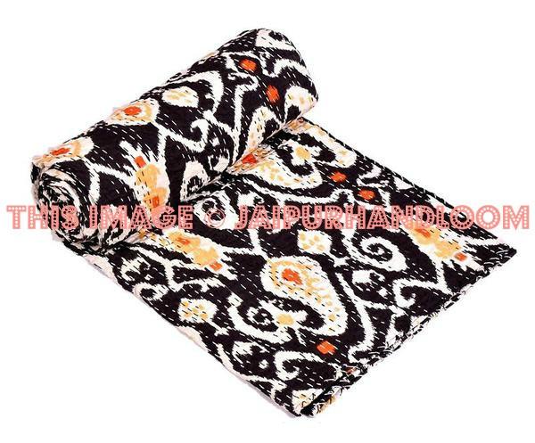 ON SALE queen Ikat Quilt in black paisley ikat Kantha Quilt Blanket Cotton Quilted Bedspreads,Throws, Gudari Handmade REVERSIBLE Bedding