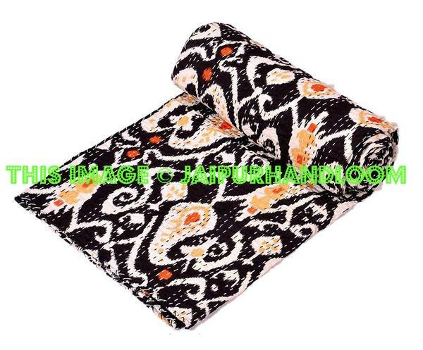 ON SALE queen Ikat Quilt in black paisley ikat Kantha Quilt Blanket Cotton Quilted Bedspreads,Throws, Gudari Handmade REVERSIBLE Bedding