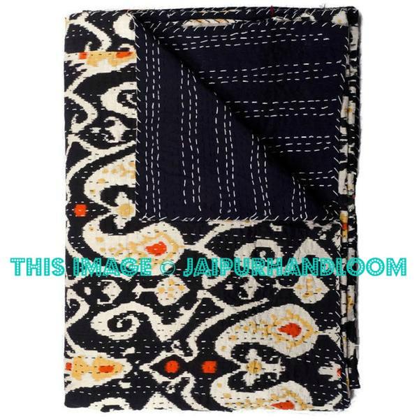 ON SALE queen Ikat Quilt in black paisley ikat Kantha Quilt Blanket Cotton Quilted Bedspreads,Throws, Gudari Handmade REVERSIBLE Bedding