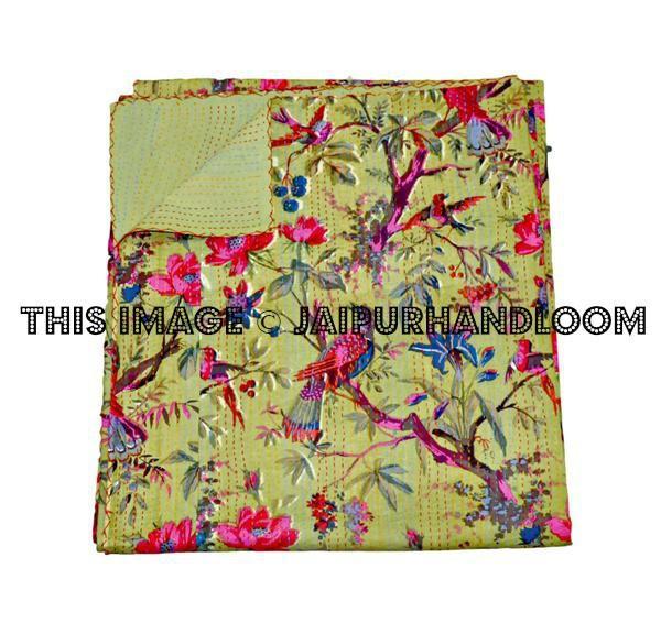 Olive Green Bird Queen Kantha Quilt Bedding
