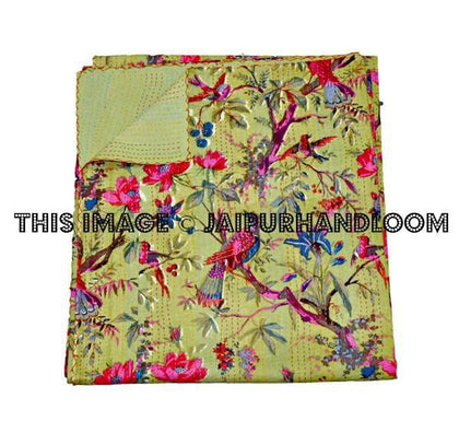 Olive Green Bird Queen Kantha Quilt Bedding