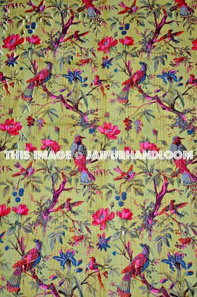 Olive Green Bird Queen Kantha Quilt Bedding