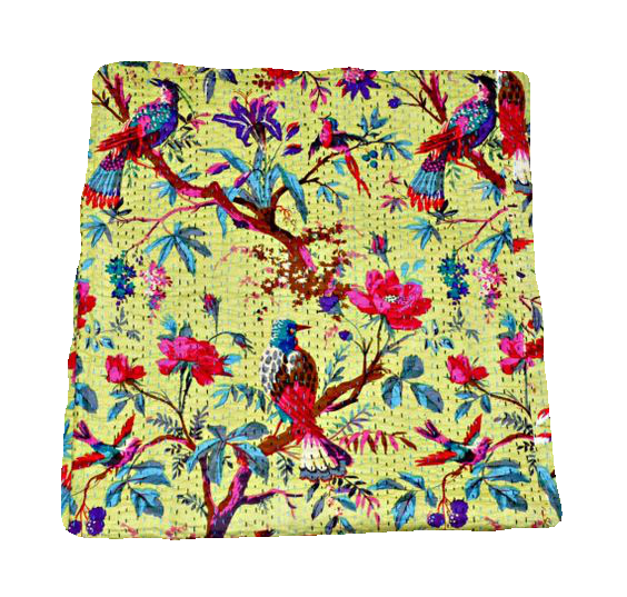 Olive Green Bird Queen Kantha Quilt Bedding