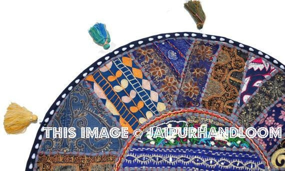 On Sale 32" Blue Large Round Floor Pillow Cushion Cover Seating Floor Pillow Cover Throw Pillow Toss Pillow Decorative Pillow Foot Stool-Jaipur Handloom
