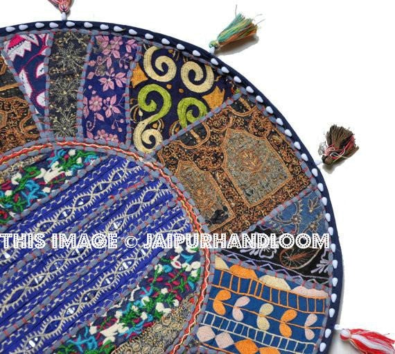 On Sale 32" Blue Large Round Floor Pillow Cushion Cover Seating Floor Pillow Cover Throw Pillow Toss Pillow Decorative Pillow Foot Stool-Jaipur Handloom