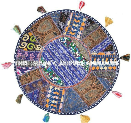 On Sale 32" Blue Large Round Floor Pillow Cushion Cover Seating Floor Pillow Cover Throw Pillow Toss Pillow Decorative Pillow Foot Stool-Jaipur Handloom